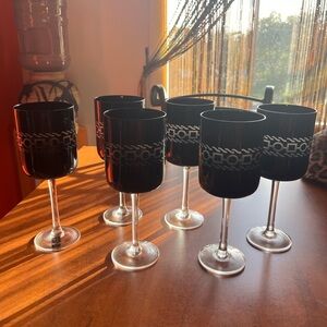 Set of Six Black Wine Glasses with Silver Design